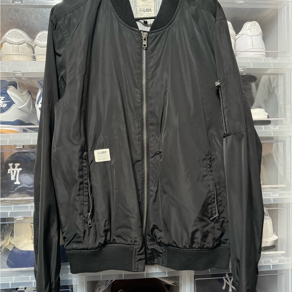 Lira Black Bomber Jacket with Zipper Details